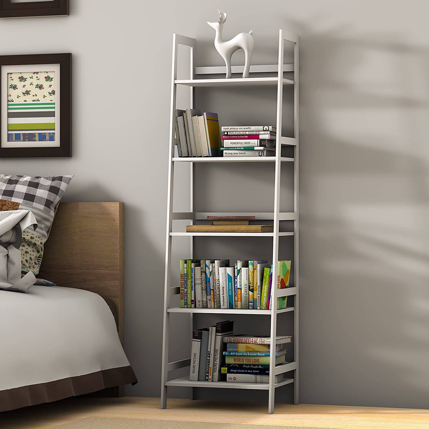 4 Tier White Grey Ladder Shelf Display Unit Free Standing Book Stand Shelves