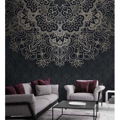 Black and Gold Mandala Wall Mural | Ornamental Boho Medallion Wallpaper | Non-Woven or Peel and Stick