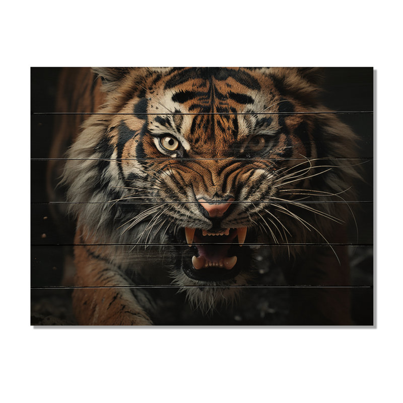Jamarri brun, tigre féroce, portrait sur bois, H 24 po x l 32 po x P 0,78 po