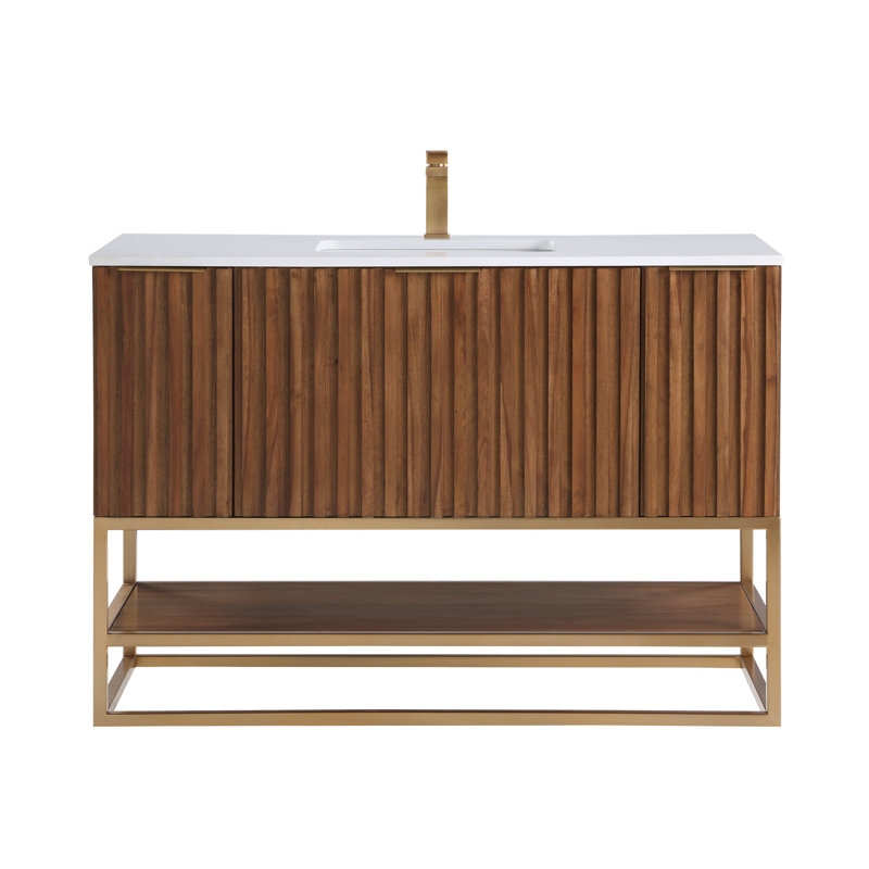 Terra 48'' Single Bathroom Vanity with Top, Satin Brass, Walnut, Calacatta Quartz/Widespread Faucet Mount