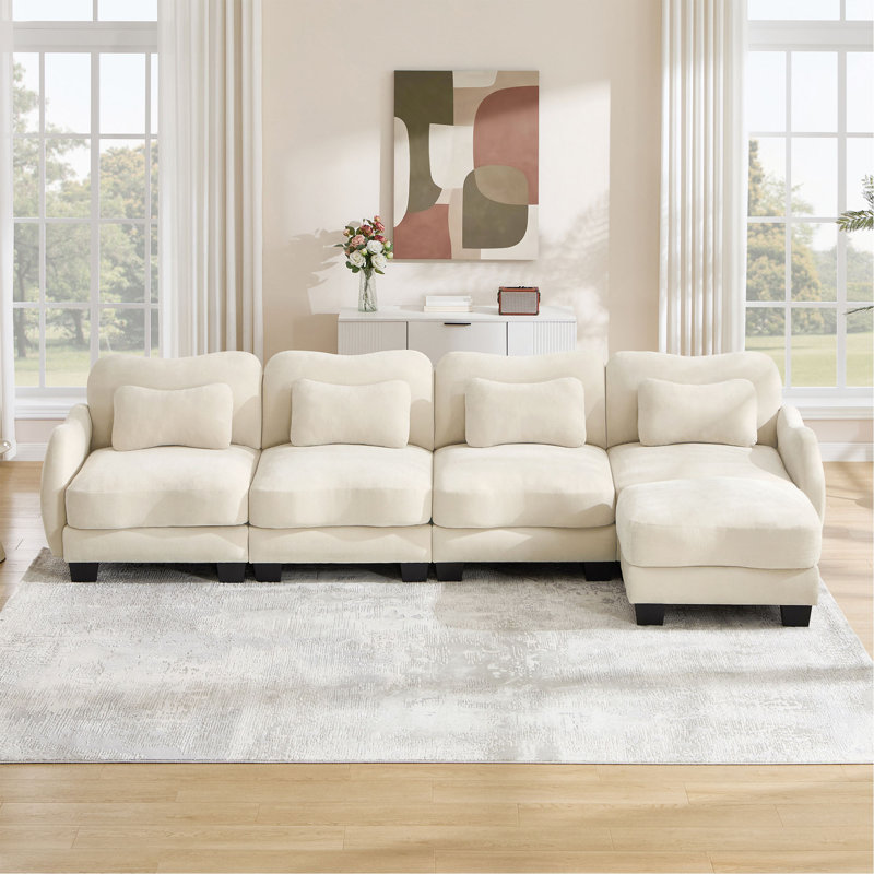 Canapé surdimensionné en forme de L à 4 places en chenille, avec 4 coussins de taille exquise et 1 repose-pieds mobile, conception incurvée ergonomique, canapé modulaire facile à assembler pour le bureau du salon