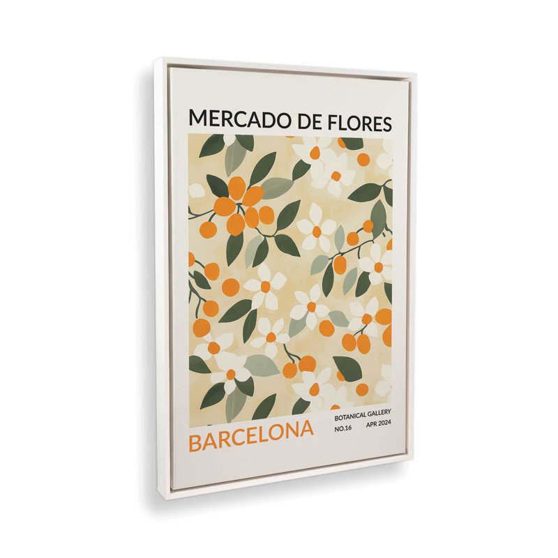 Marché aux fleurs de Barcelone, H 30,75 po x l 20,75 po, Cadre flottant blanc opaque
