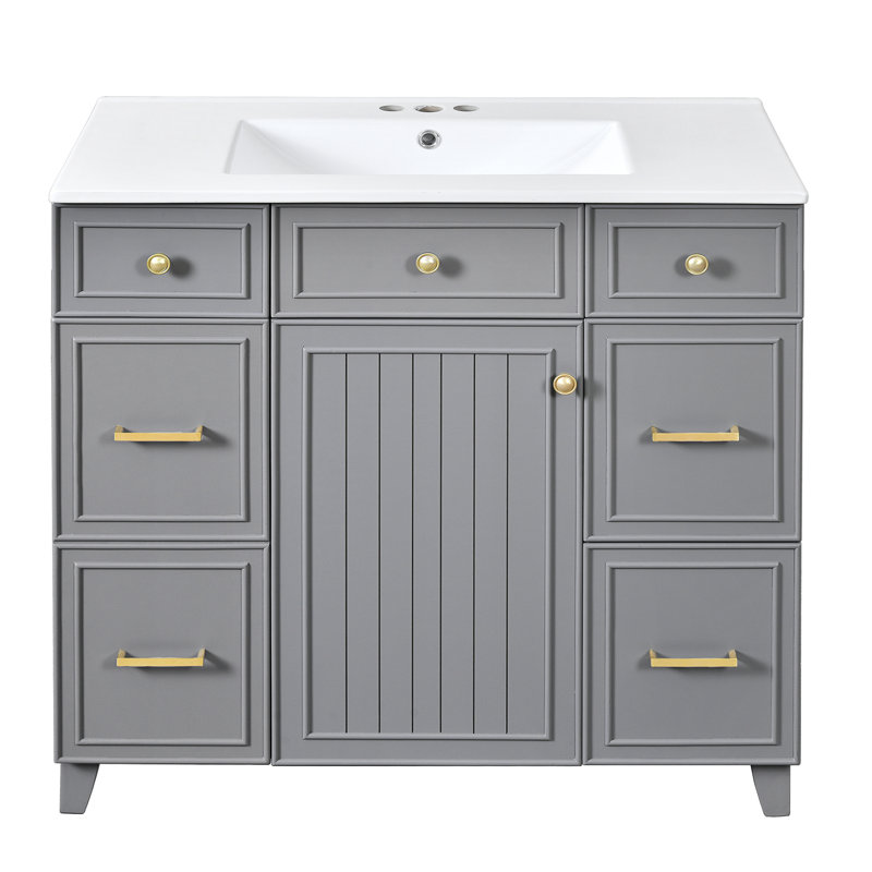 Meuble-lavabo 36 po avec lavabo en céramique gris, structure en bois massif, portes à fermeture en douceur, tablettes réglables, 3 tiroirs, y compris un tiroir à double profondeur pour le rangement du sèche-cheveux