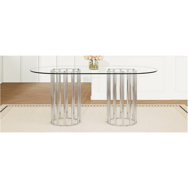 Table de salle à manger de 71 po en verre trempé ovale, double colonne argentée de style luxueux, verre trempé résistant aux égratignures et facile à nettoyer. Convient pour une salle à manger de 6 à 8 personnes, table de restaurant moderne de luxe légère.