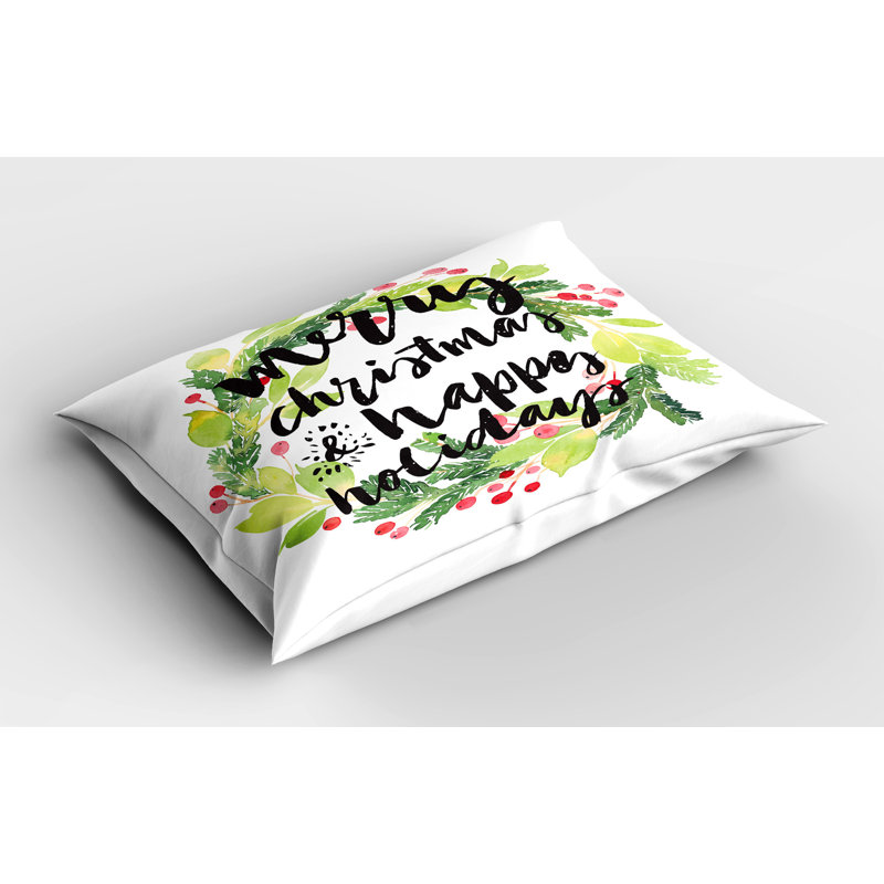 Festive Christmas Wreath Red Berries Pillow Shams, 26"x20", White Green