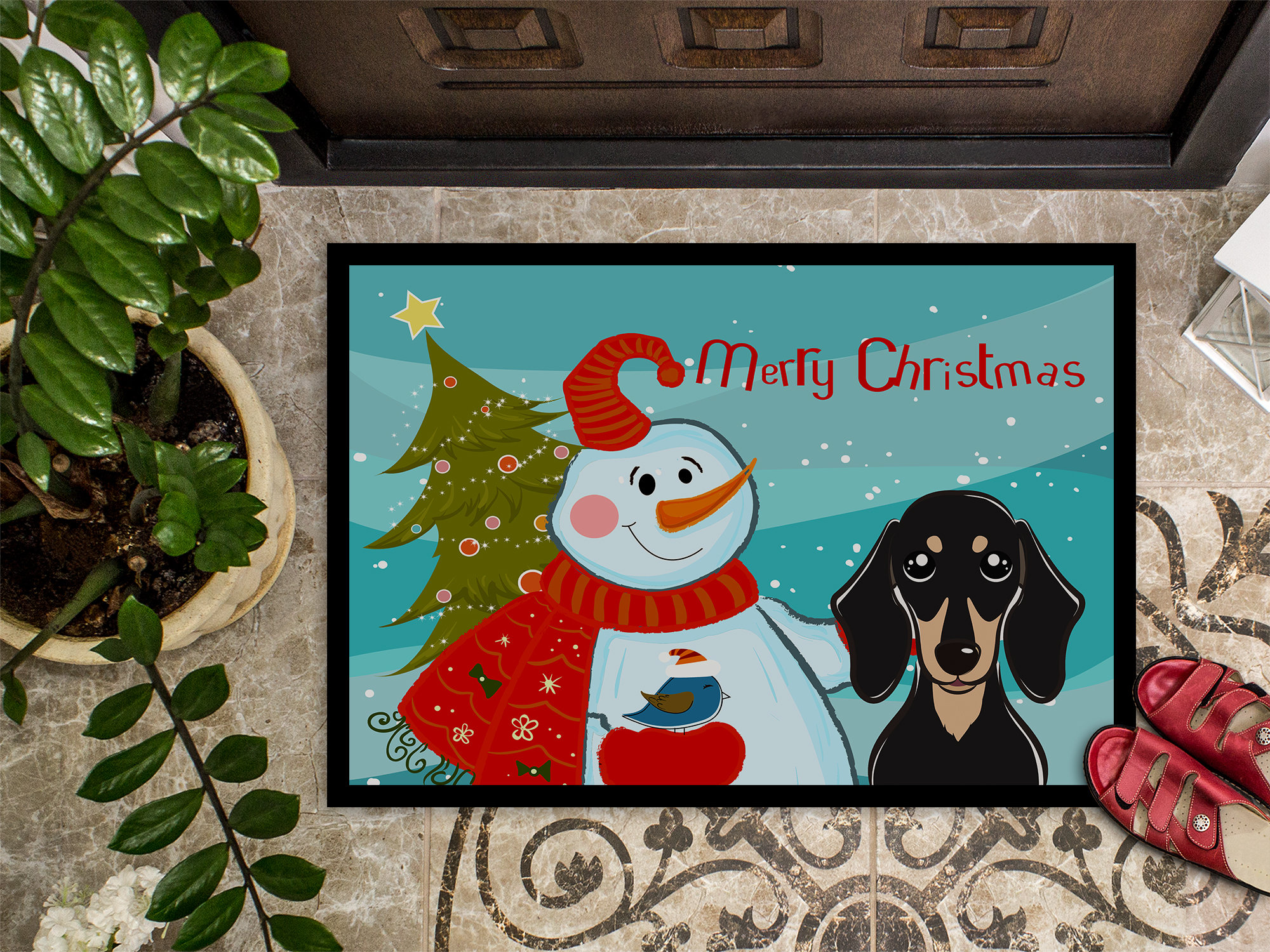 Caroline's Treasures Snowman with Smooth Black and Tan Dachshund