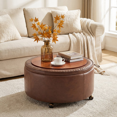 29.1"W Faux Leather Tufted Storage Ottoman with Wooden Tray