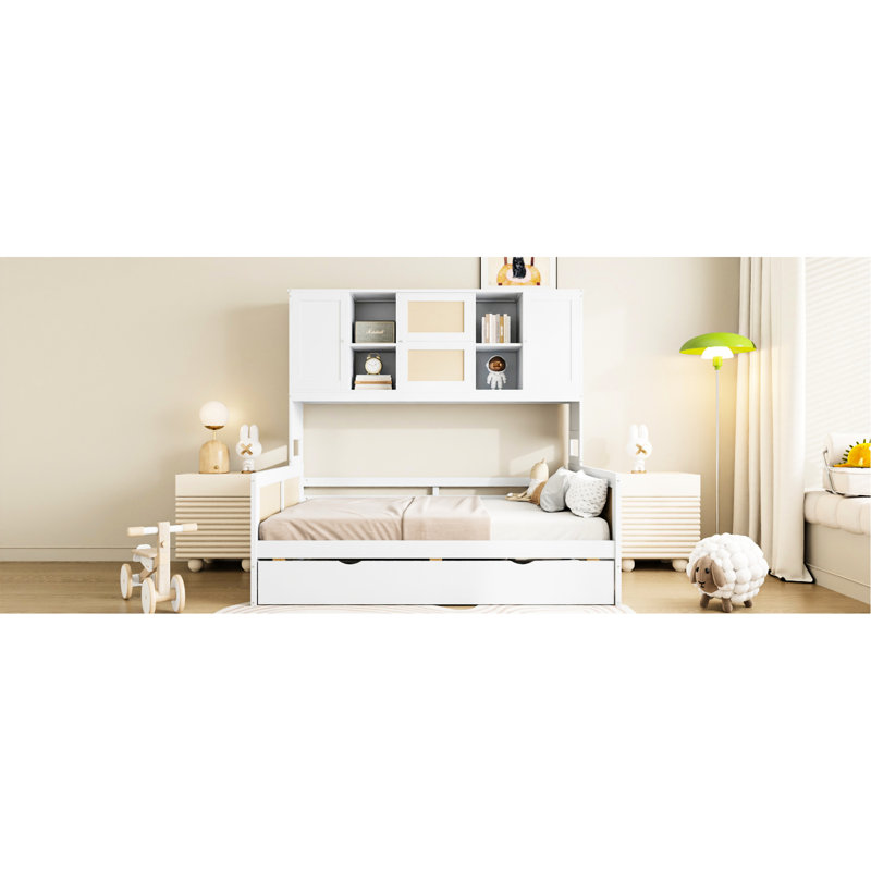 Lit de jour blanc avec lit gigogne simple et tablette d'armoire, conception moderne entièrement fiable, Lit double, Blanc