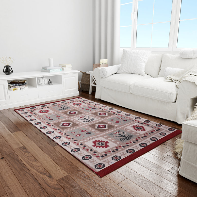 Tapis Bigghome, motifs turcs traditionnels réversibles 4 x 6 lavables à la machine - rouge et beige