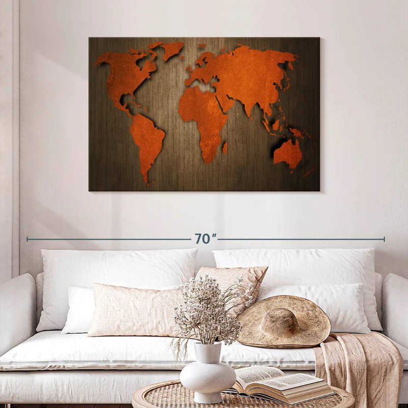 Ancienne carte du monde en bois Aliaz, H 30 po x l 45 po