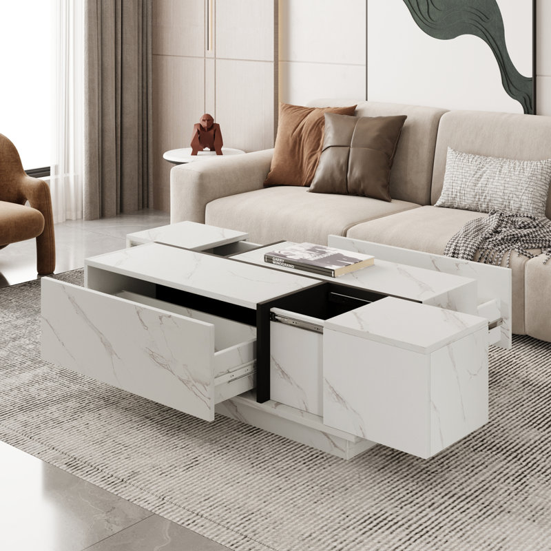 Table basse rectangulaire à plateau coulissant avec 2 tiroirs et 2 rangements cachés pour le salon 47,2 po (blanc), Blanc