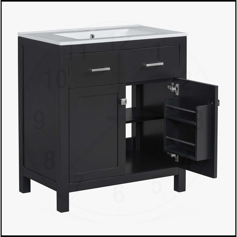 Meuble-lavabo moderne avec lavabo en céramique et options de rangement polyvalentes, Noir, Argent