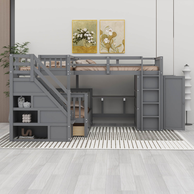 Lit superposé en L de style moderne avec 3 tiroirs, bureau et garde-robe, Gris