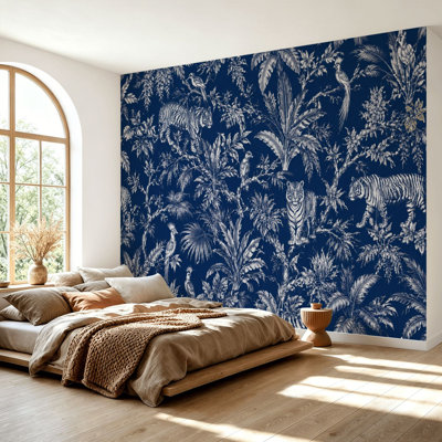 Wall Mural Peel and Stick Wallpaper Tropical Jungle Animals Botanical Navy Blue White Vintage Style Self-Adhesive Removable Contact Paper Wall Decor for Living Room Bedroom 69"H x 96"W