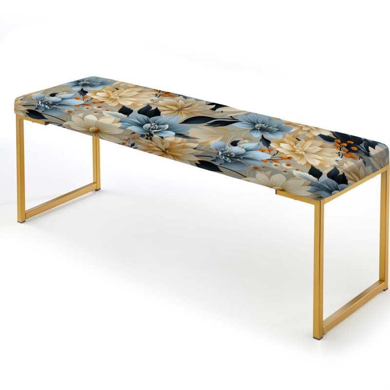Floral Upholstered Gold Bench, Blue Boho Floral Harmony Dreams II