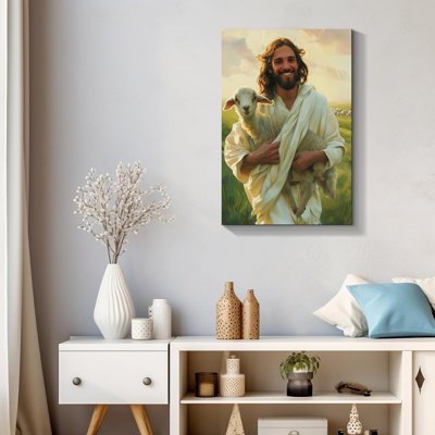 Jesus Holding Lamb Modern Religious Art - Wrapped Canvas Wall Decor for Living Room