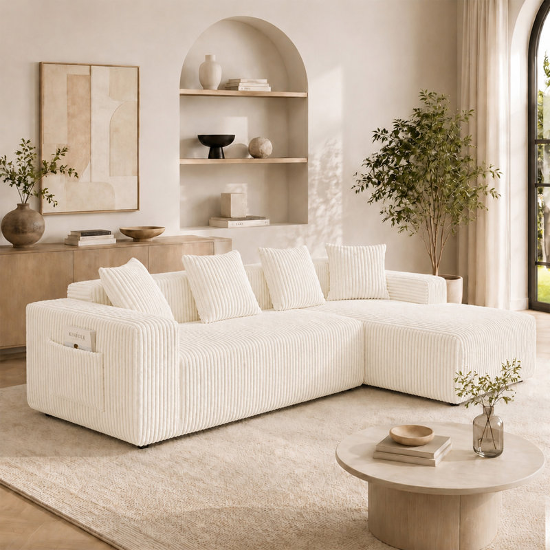 Modern Oversized 262cm Boneless Corner Sofa L-Shaped Corduroy Sofa With Storage Pockets, Beige, Right Hand Facing