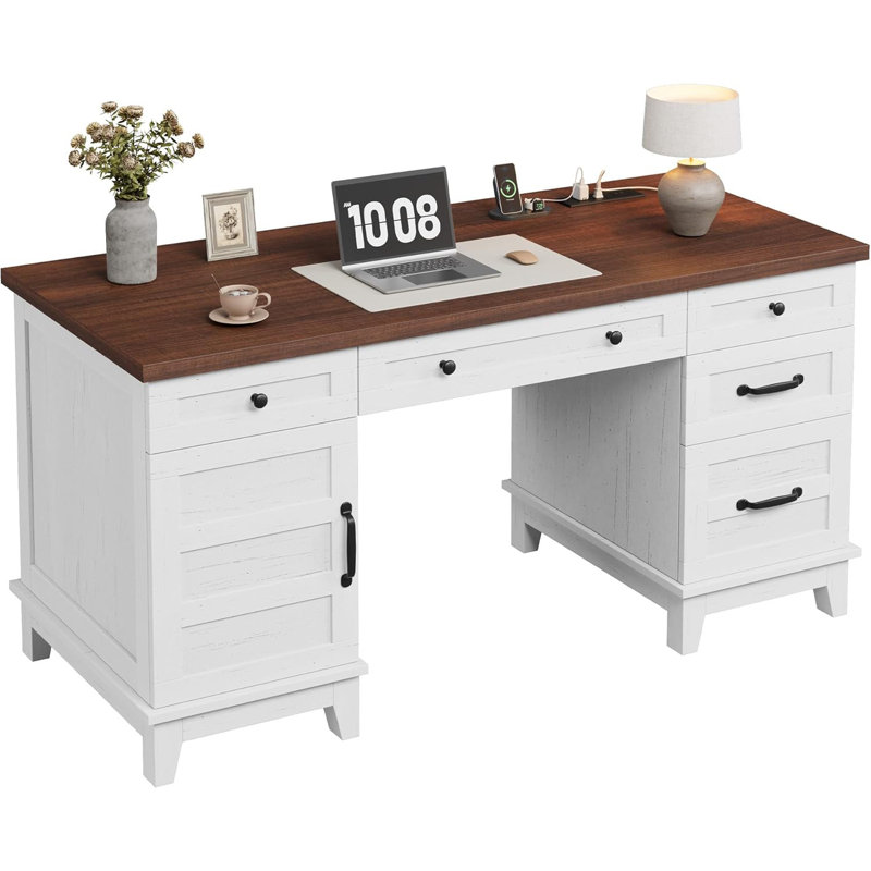 Extra-Wide Double Workstation Desk with Storage Cabinets, File Drawers, and Built-In Charging Station, Home Office Desk for Two