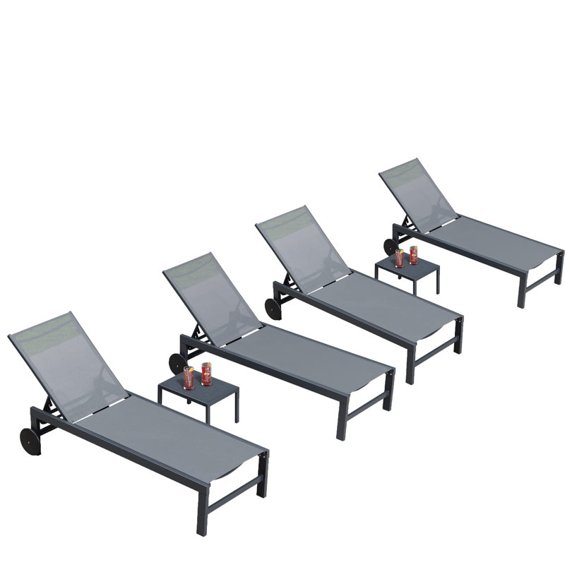  Outdoor Rust-Resistant Metal Chaise Lounge with Table (Set of 4), Gray