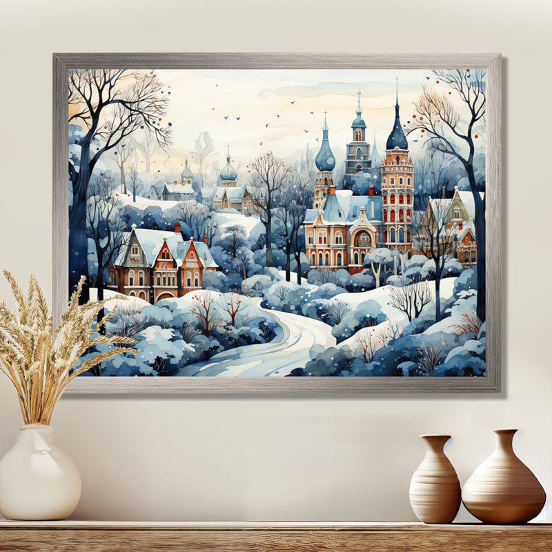 Paysage hivernal de la ville russe III - Art mural paysage d'hiver pour le salon, Cadre flottant brun