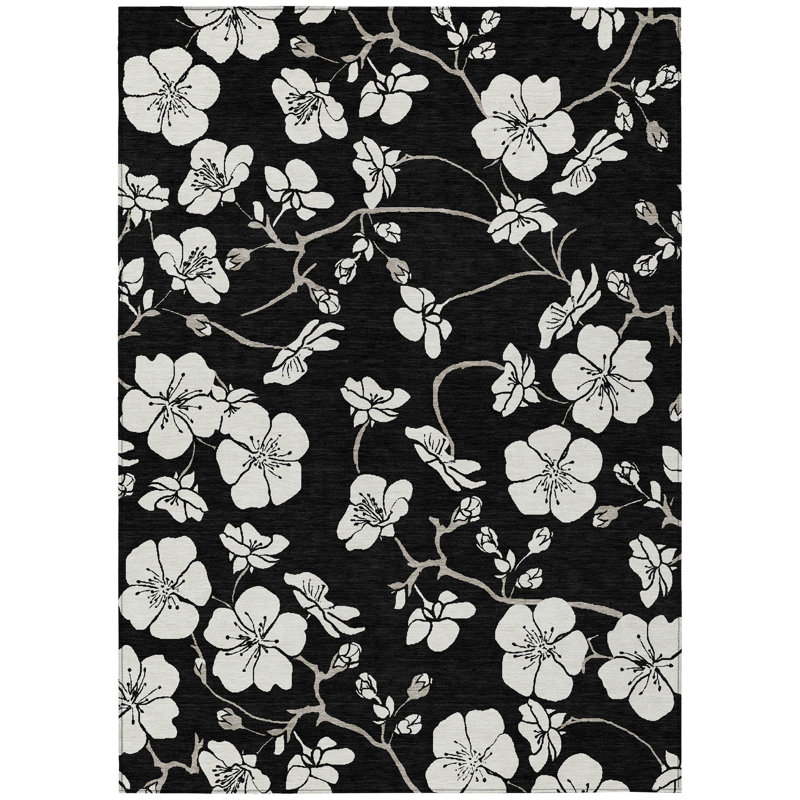Black Floral Synthetic Rectangular Washable Rug 2'6" x 3'10"