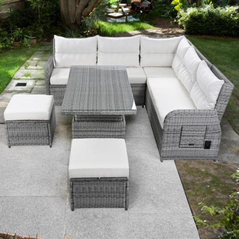 Outdoor Recliner Sofa Set With Adjustable Table, Built-In Side Tables,And Movable Ottomans, Waterproof Cushions, Sturdy Rattan Frame For Patio, Garden, Or Balcony