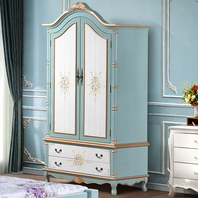 Rustic Two-Door Wardrobe with Drawers&Hanging Rod
