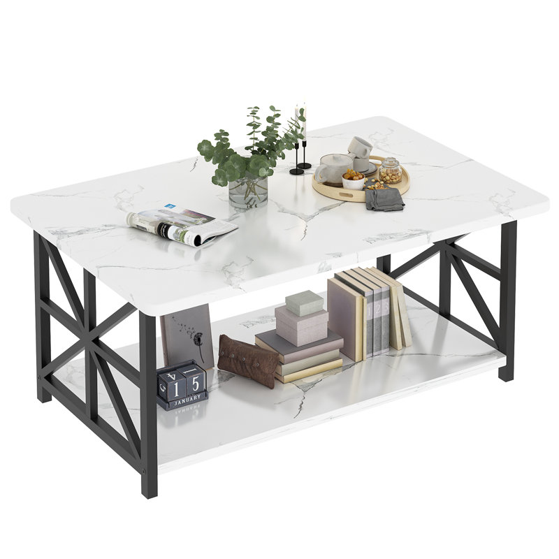 Faux Marble Top Rectangular Coffee Table With Black Metal Frame, 2 Tier Coffee Table With Storage Shelf, Rectangular Center Table For Living Room Modern Style For Living Room, Office, Balcony