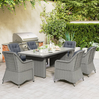 6 Seater Rattan Dining Set Garden Furniture, Cushions Grey