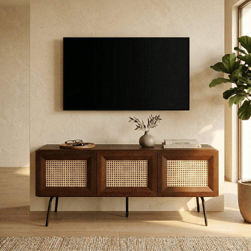  NTC Mossic TV Media Cabinet, Entertainment Center with Natural Rattan, Metal Legs, Modern Storage Console for Living Room and Bedroom, Effortless Assembly