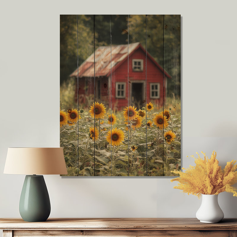 Tournesols par le poulailler II - décoration murale en bois de tournesols - sur bois de pin naturel