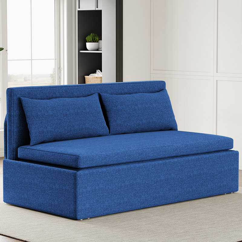 Canapé-lit convertible sans accoudoirs avec méridienne réversible et tissu en lin, Bleu