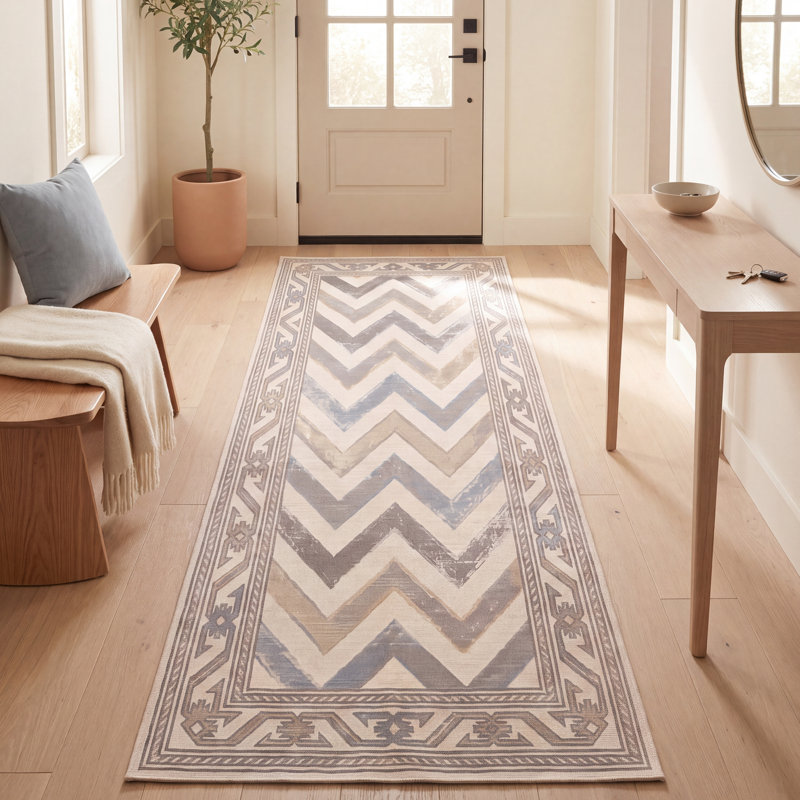 Tapis Fenwick moderne à rayures effet pinceau, bleu, gris et beige, lavable à la machine, antidérapant, à poils courts, pour intérieur et extérieur, adapté aux animaux domestiques, idéal pour le salon, la chambre, la salle à manger, l'entrée, le corridor ou le bureau.