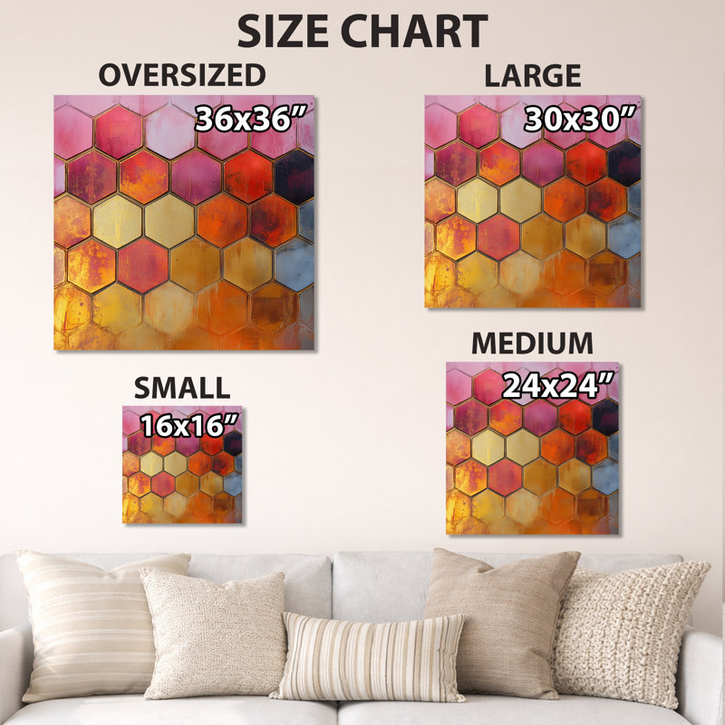 Hexagone nid d'abeille au coucher du soleil - Abstrait géométrique, impression murale en métal moderne, L 36 po x H 36 po