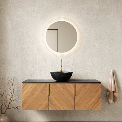 Brown Oak Grain 48" Bathroom Vanity & Sink With Black Sintered Stone Countertop, 3 - Door Storage, Soft Close And Basin Floating Ceramic Basin, Counter, Finish, Doors, Easy Installation