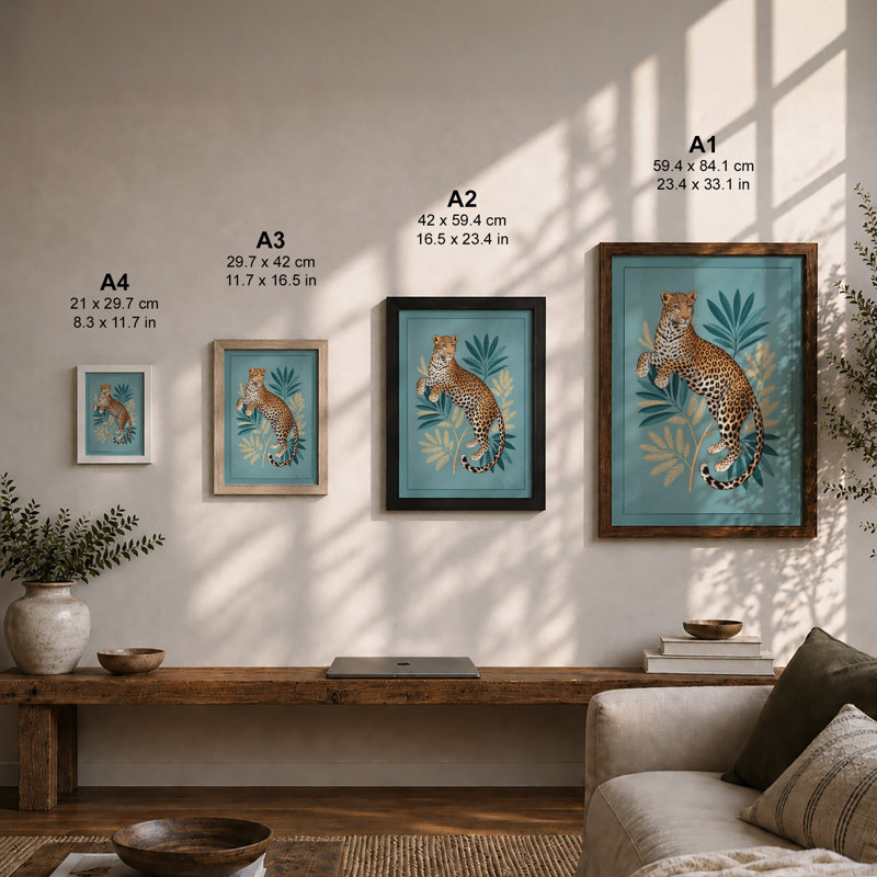 Resting Leopard in Foliage Mid-Century 1 Piece Single Picture Frame Wall Art, A3 - 42.0 x 29.7 cm, Oak