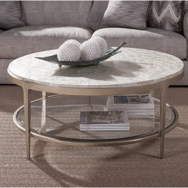 Silver Round Metal Cocktail Table with Capiz Shell Inlay