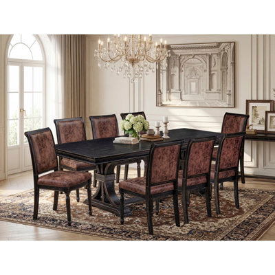 Cet ensemble de table de salle à manger moderne 9 pièces comprend une table de salle à manger et 8 chaises de salle à manger en tissu de polyester texturé brun avec dossier haut - fini noir sablé