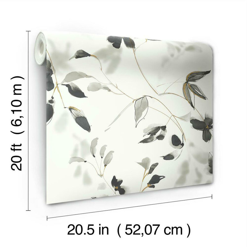 Floral Peel & Stick Wallpaper Roll, White/Black/Gold