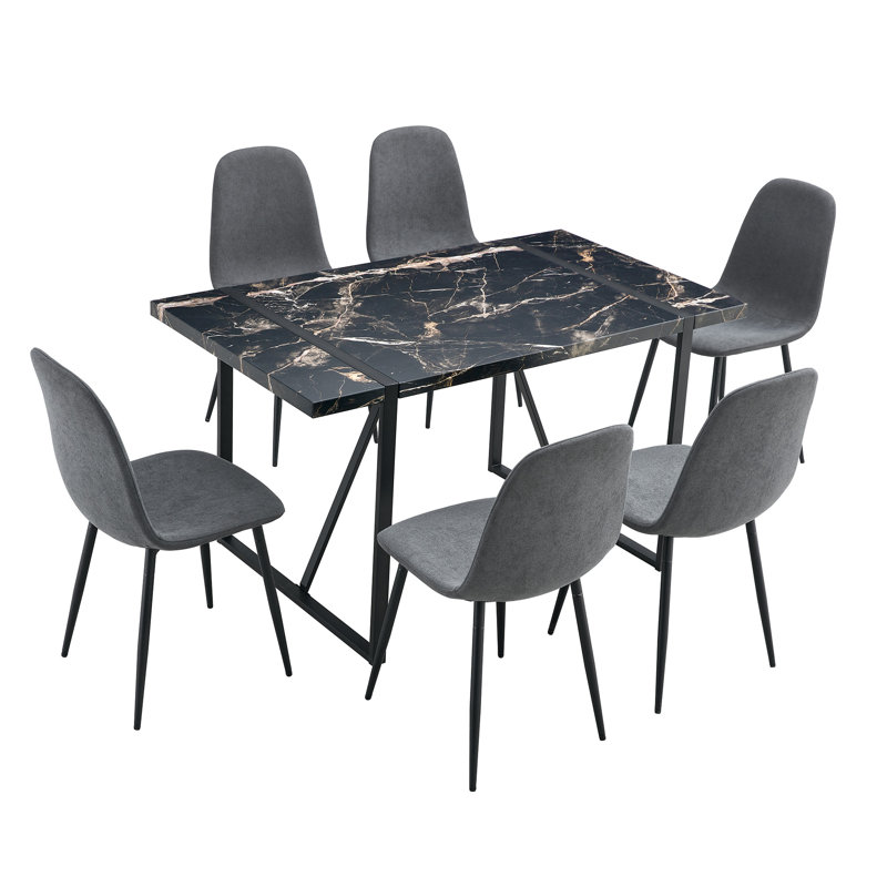 Ensemble de table de salle à manger 7 pièces, table de cuisine rectangulaire en marbre avec chaises rembourrées de 55 po et pieds en métal modernes