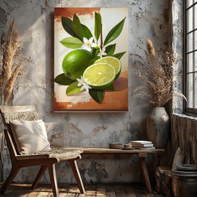 Art mural sur toile, illustration de lime botanique, détail de lime vert avec agrumes prêt à accrocher