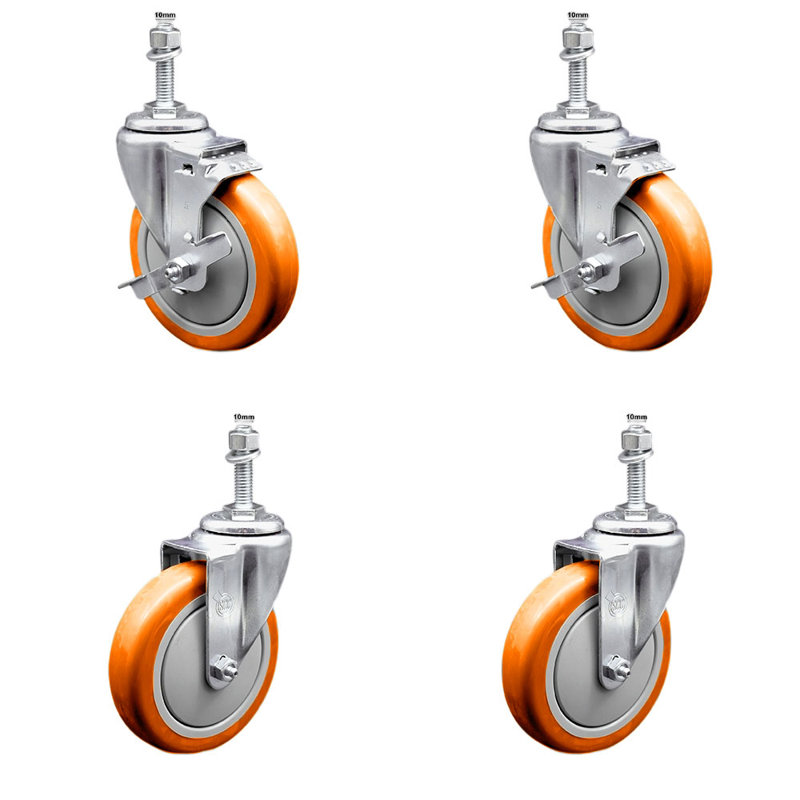 Ensemble de roulettes à tige filetée en polyuréthane pivotant 5 mm 5 pouces et 2 freins SCC, Orange