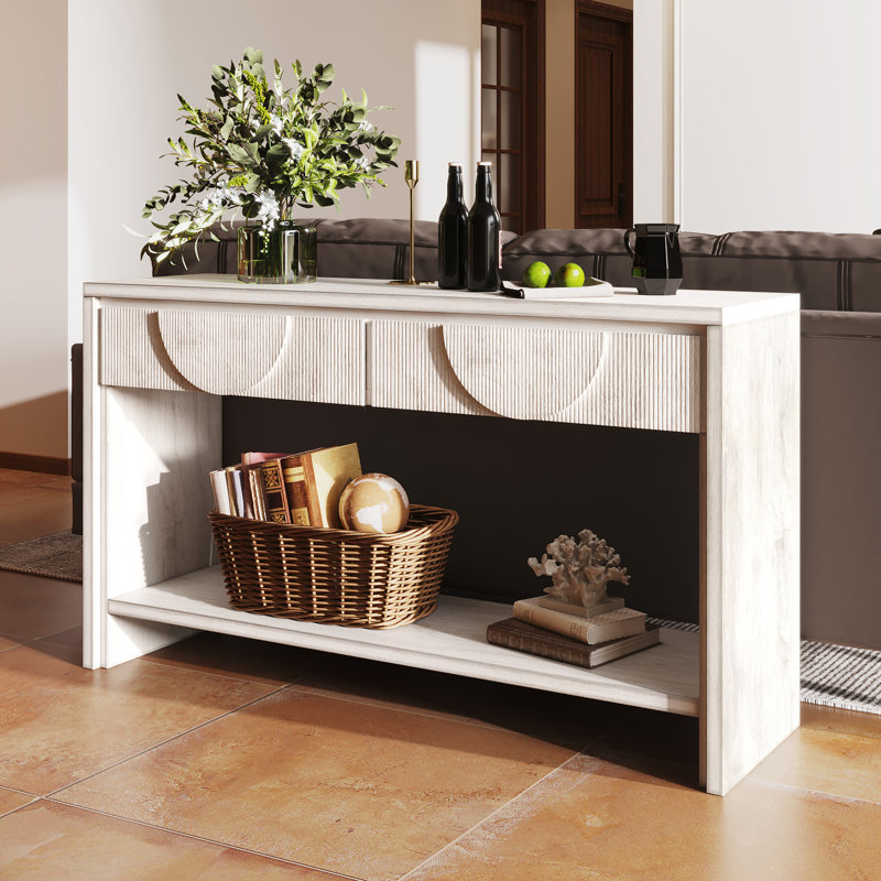 55.12" Wood Distressed Pattern Console Table Sofa Table With Two Drawers And Bottom Shelf Easy Assembly, White