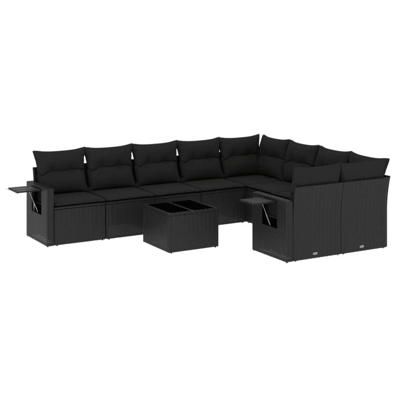  Ensemble de canapé de jardin en rotin PE noir, acier thermolaqué, verre trempé, Noir, Noir