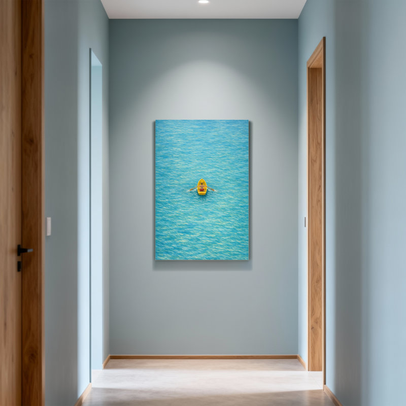 Scénique et paysages urbains, bateau jaune sur une surface d'eau bleue, H 18 po x l 12 po