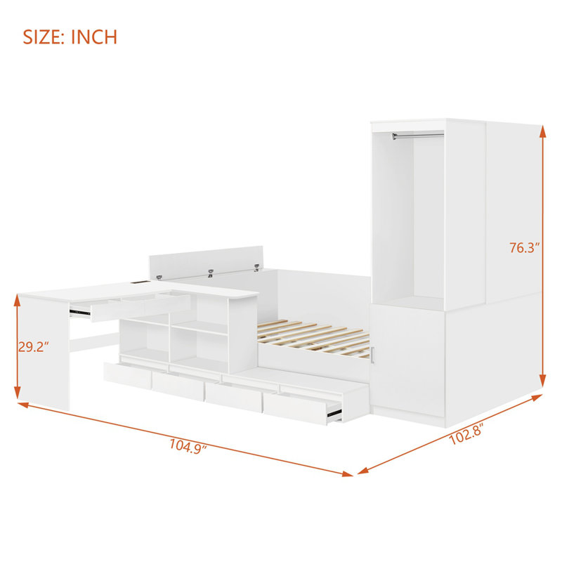 Lit plateforme double en bois avec 6 tiroirs, tablettes, bureau et garde-robe, Blanc