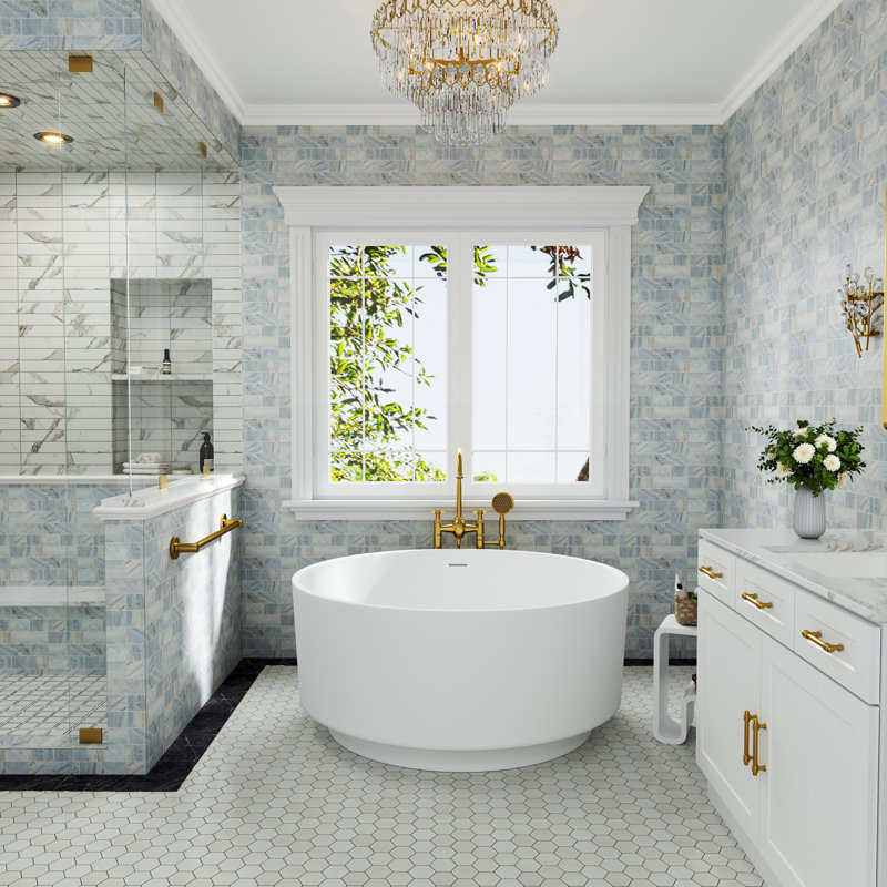 Baignoire de trempage autoportante ronde blanche à surface solide avec drain 49 po. Casainc