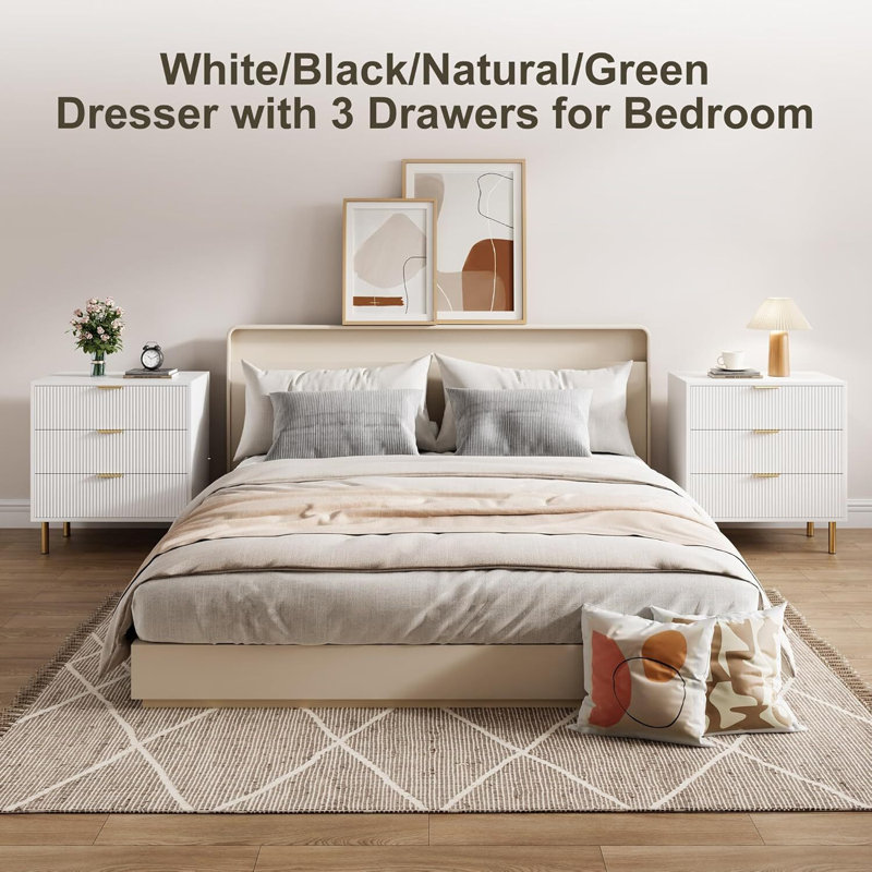 3 Drawer Dresser For Bedroom, With Gold Metal Handles, White