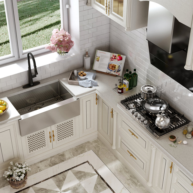 33" L x 22" W Farmhouse Kitchen Sink with Faucet, Stainless Steel Grid, Black