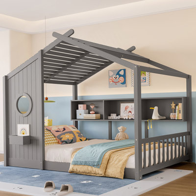 Lit double pleine grandeur pour enfants et tout-petits, d'inspiration Montessori avec tablette de rangement et toit de maison de jeu, idéal pour dormir et jouer seul